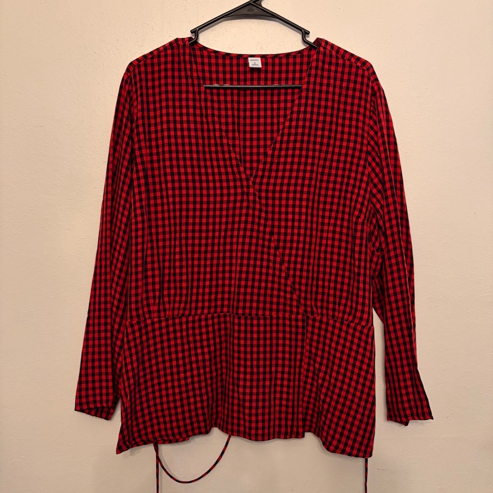 Old Navy Blouse Womens XL Red Gingham Wrap Tie Waist Peplum Top Buffalo Check